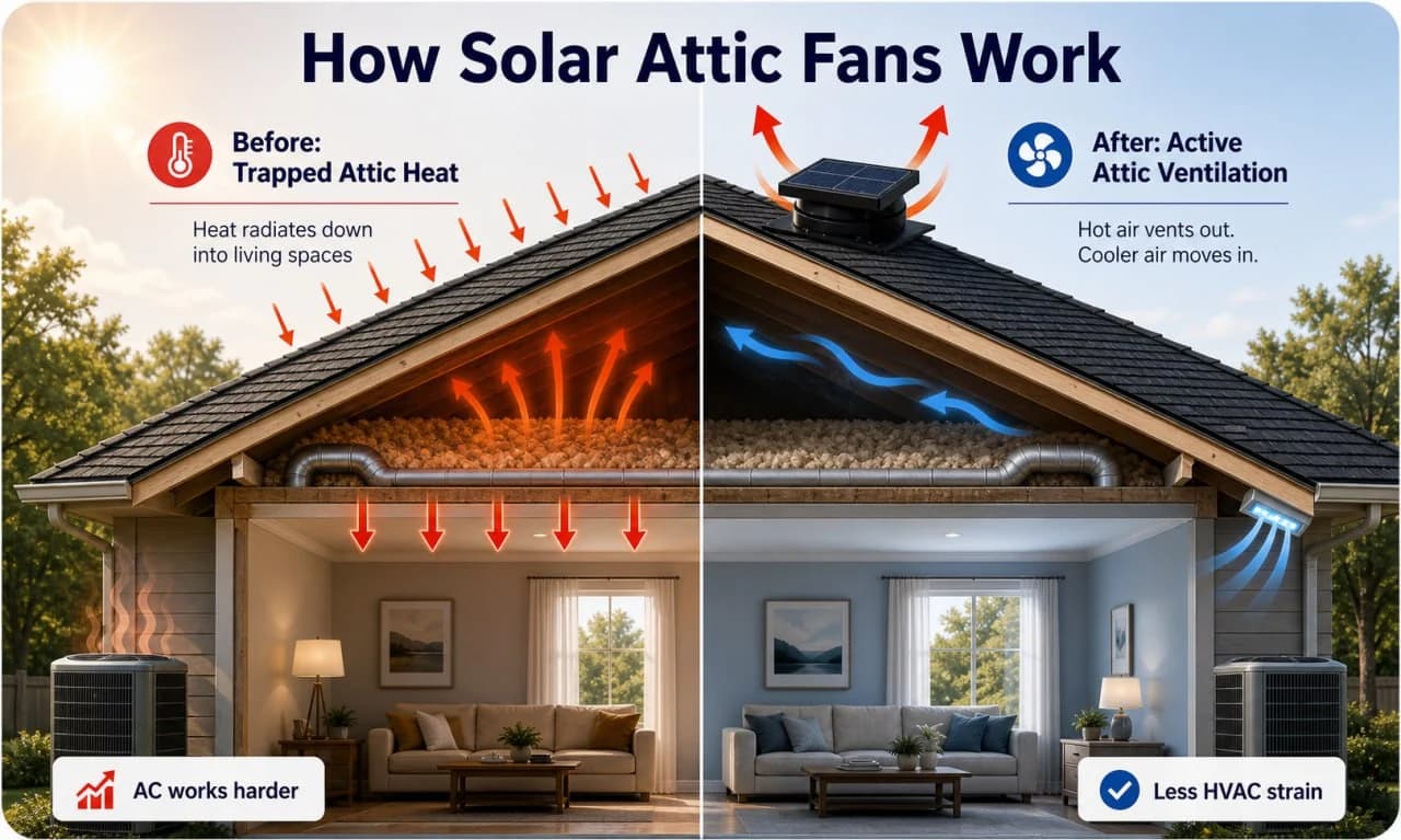 Before and after cutaway: a solar attic fan moves trapped hot air out of a Florida attic, lowering AC strain and protecting the roof.