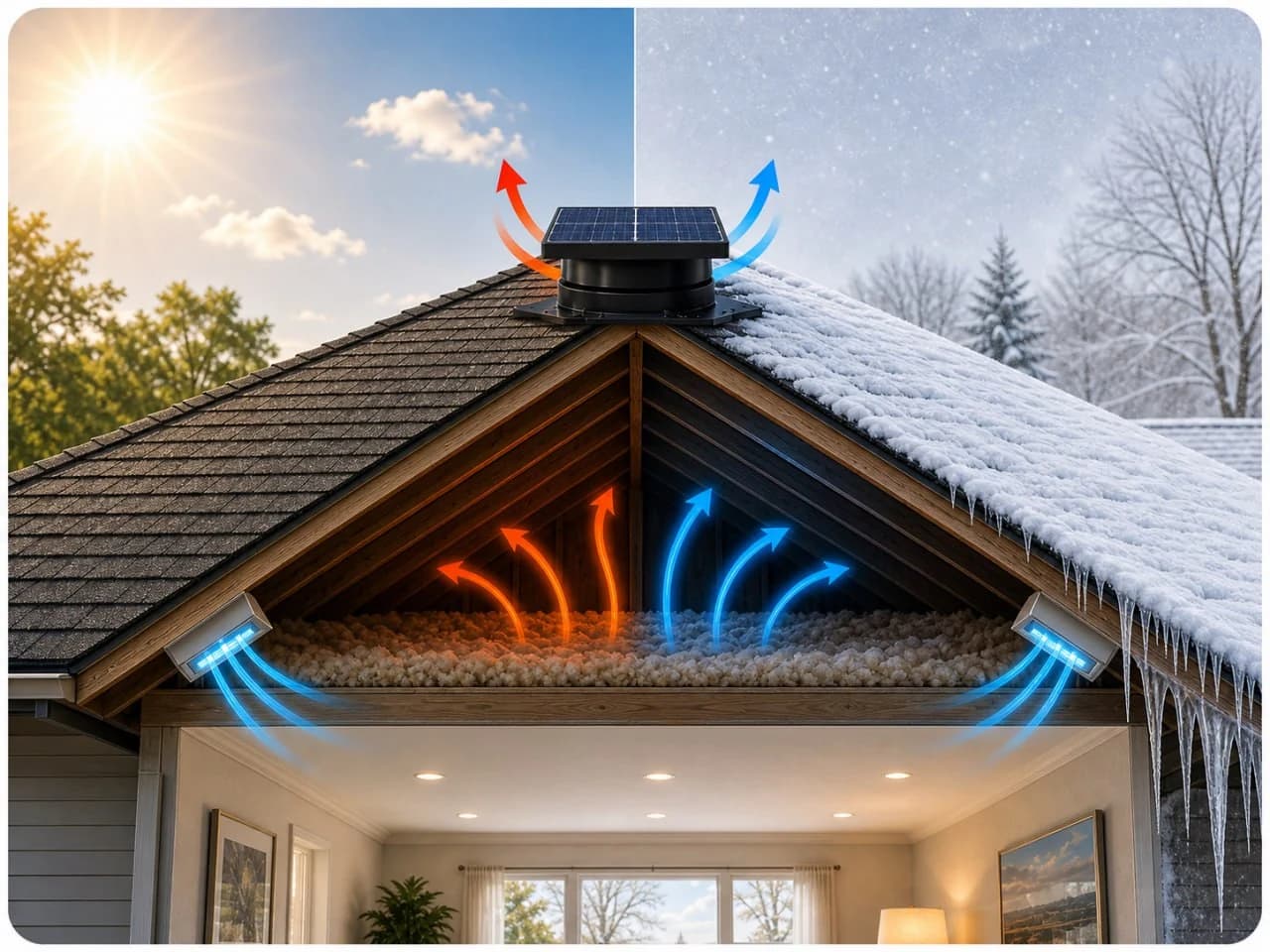 Year-round cutaway: a solar attic fan moves hot air out of a Quebec attic in summer and balances airflow in winter to manage moisture and ice damming.